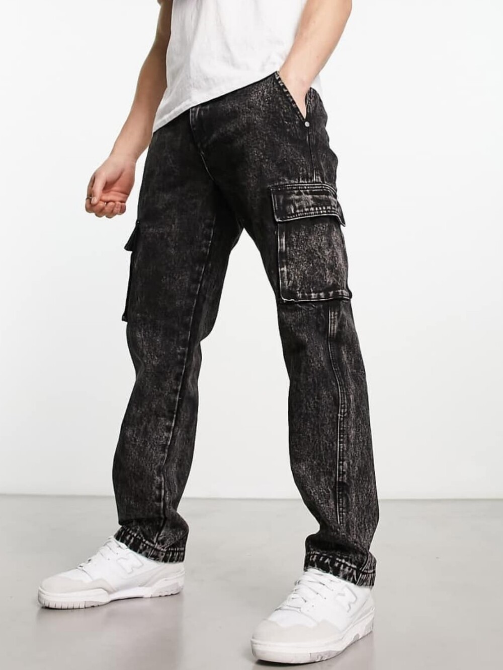 WESC Unisex Relax Fit Acid Wash Grey (Black) Denim Cargo Pants NWT W28 L32